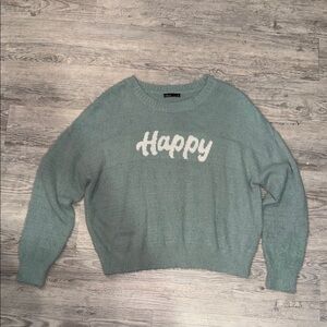 Cozy Teal Sweater with 'Happy' Design